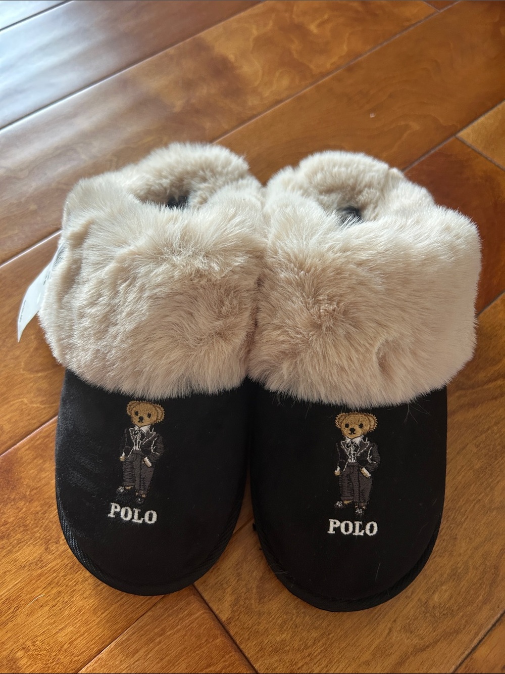 Polo by Ralph Lauren Black Slippers Sz 8 with Cream Faux Fur Trim